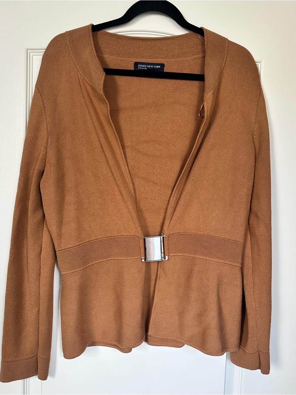 Jones New York Camel Buckle-Front Cardigan Sweater